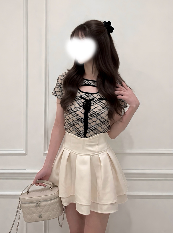 チェック柄リボンニットトップス