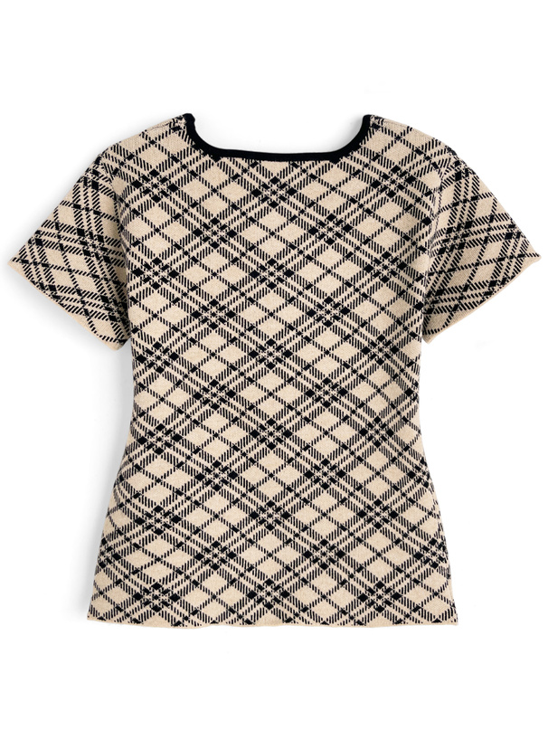 チェック柄リボンニットトップス