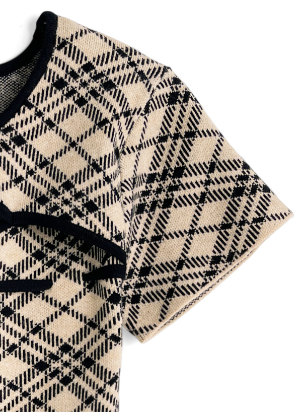 チェック柄リボンニットトップス