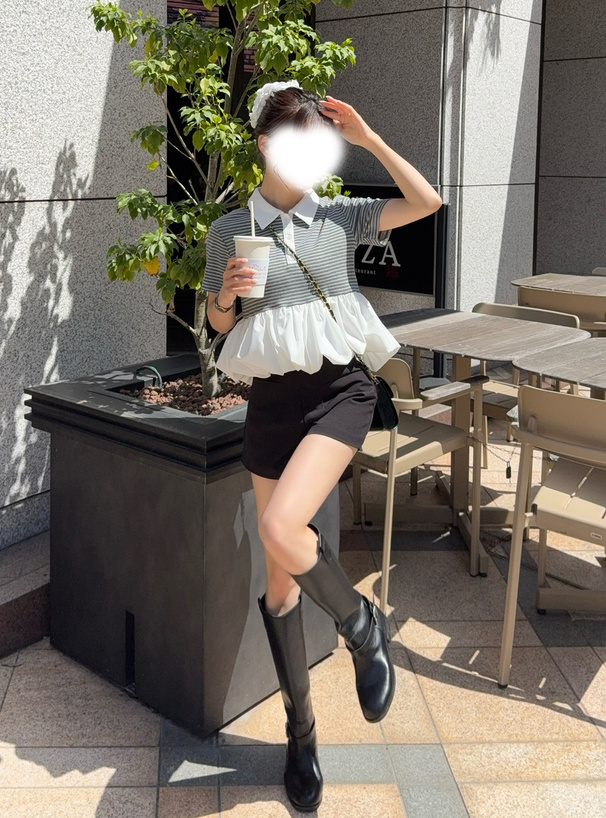 ボーダー柄バルーンぺプラムポロトップス