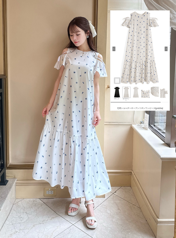 花柄ショルダーオープンリボンワンピース