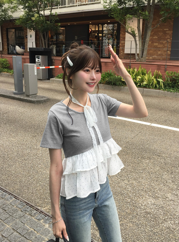 タイ付きドットペプラムトップス