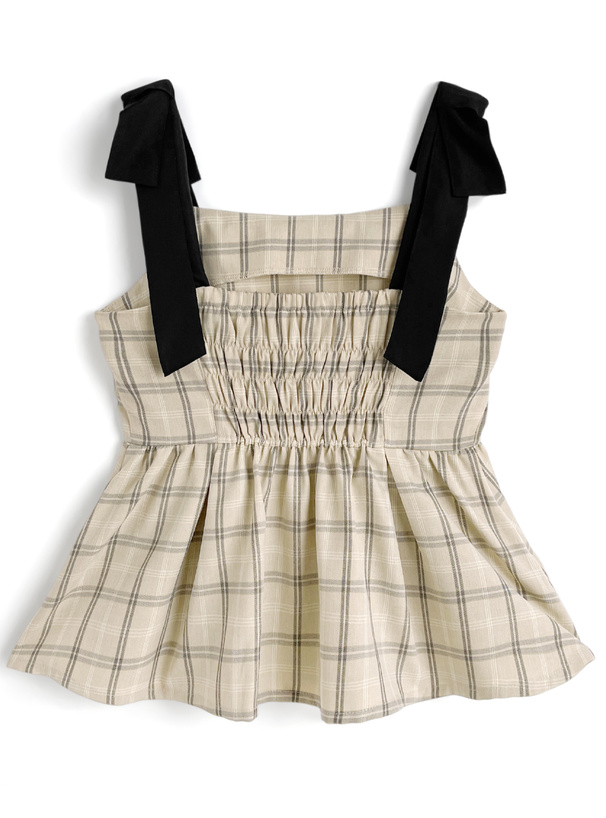 チェック柄ショルダーリボンペプラムトップス