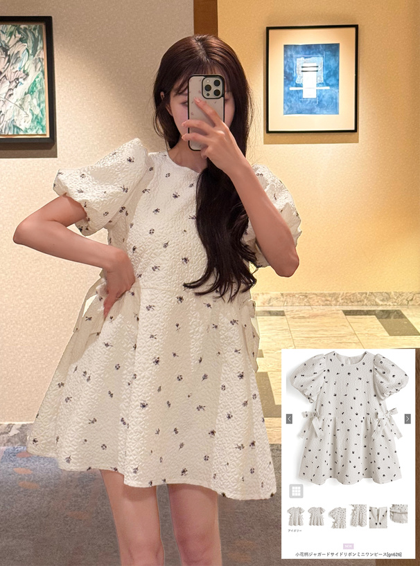 小花柄ジャガードサイドリボンミニワンピース