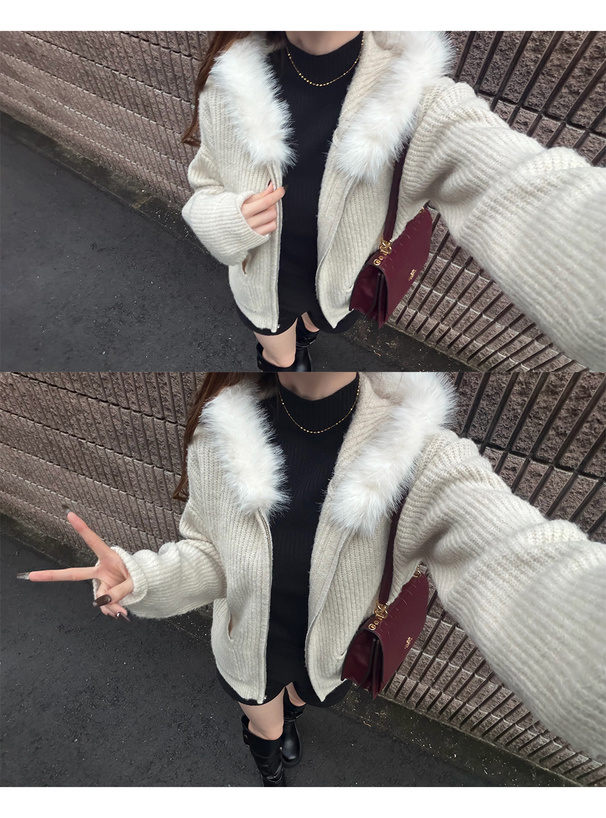 ファーフードジップニットパーカー