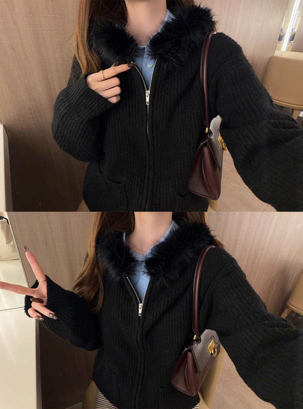 ファーフードジップニットパーカー