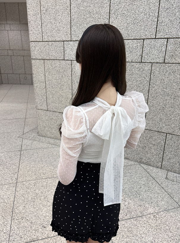 キャミソール付きドット柄バックリボンシアートップス