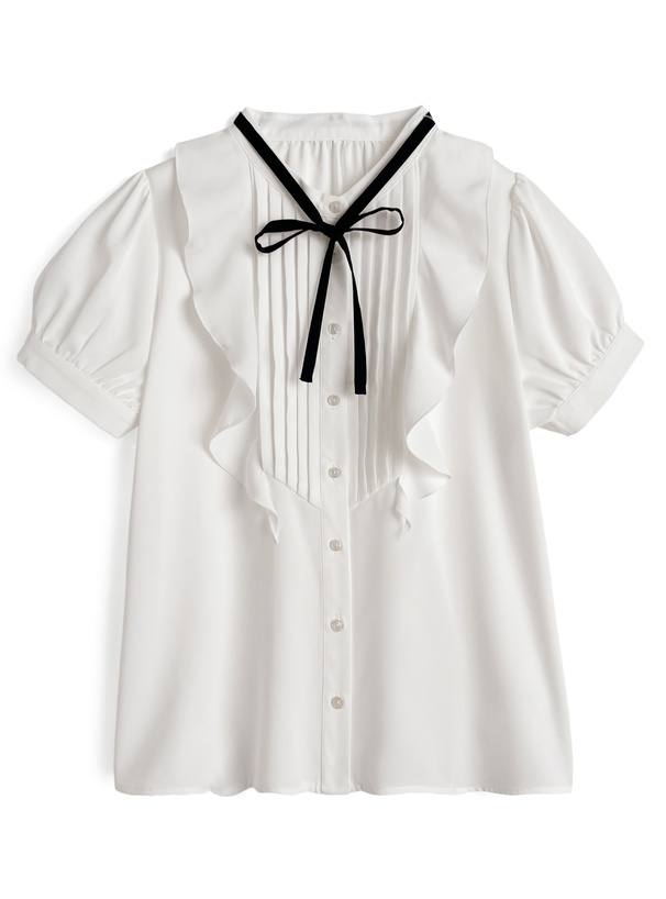 リボン付きタイピンタックブラウス