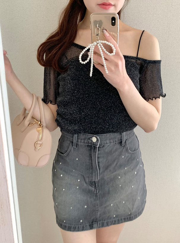 ワンショルダーラメトップス