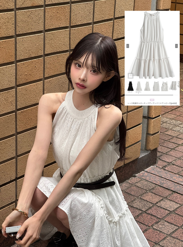 【送料無料/即納】  レース刺繍ホルターネックティアードミニワンピース[jm033 ワンピース