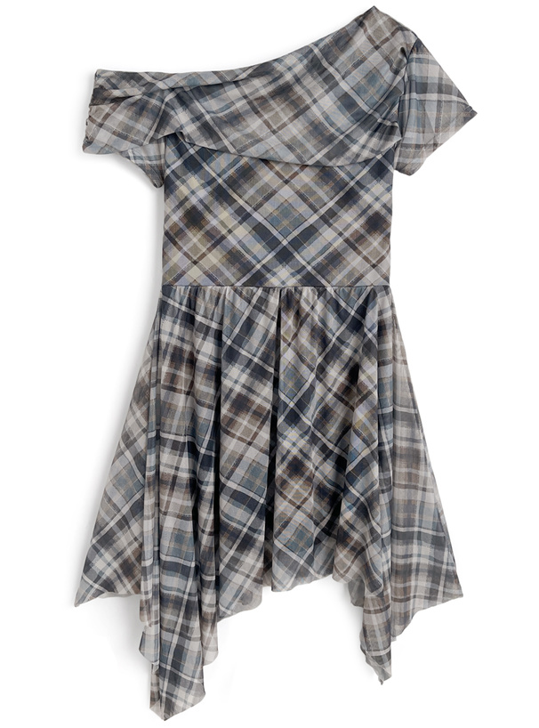 チェック柄ワンショルイレヘムチュールミニワンピース