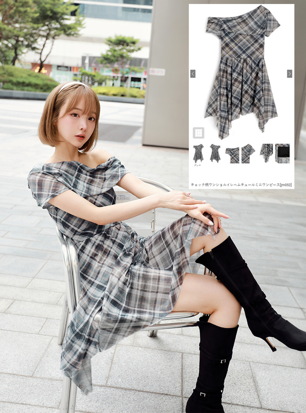 チェック柄ワンショルイレヘムチュールミニワンピース[jm052