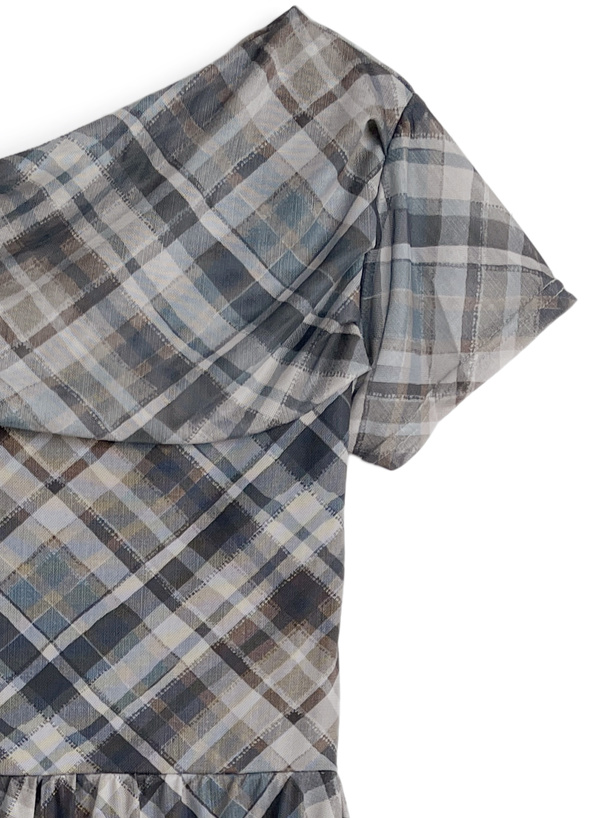 チェック柄ワンショルイレヘムチュールミニワンピース