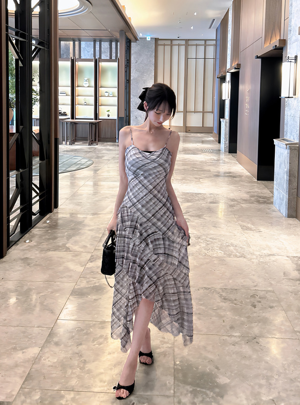 チェック柄イレヘムチュールフリルキャミソールワンピース[jm053