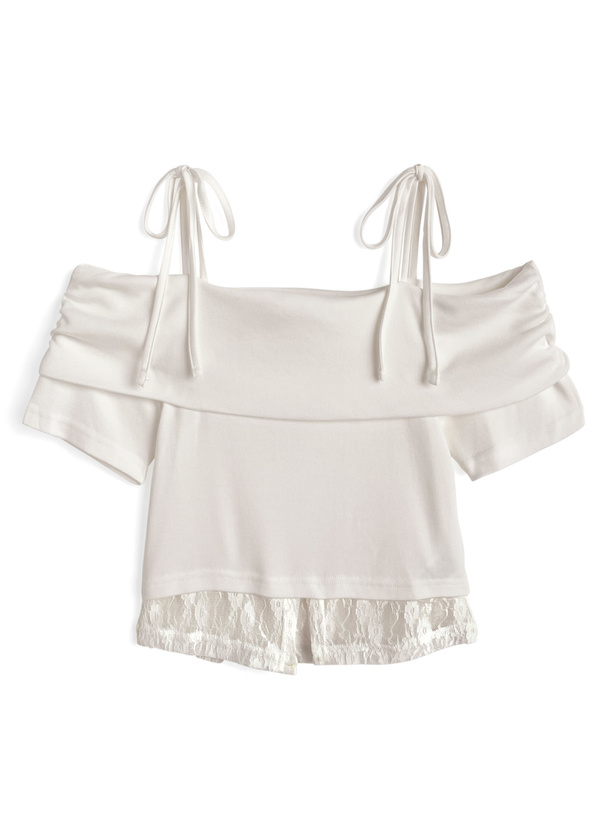 レース切替リボンストラップオフショルダートップス[jm062]