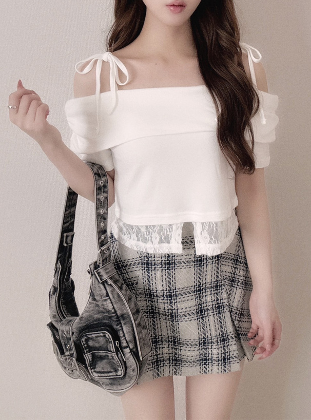 レース切替リボンストラップオフショルダートップス[jm062