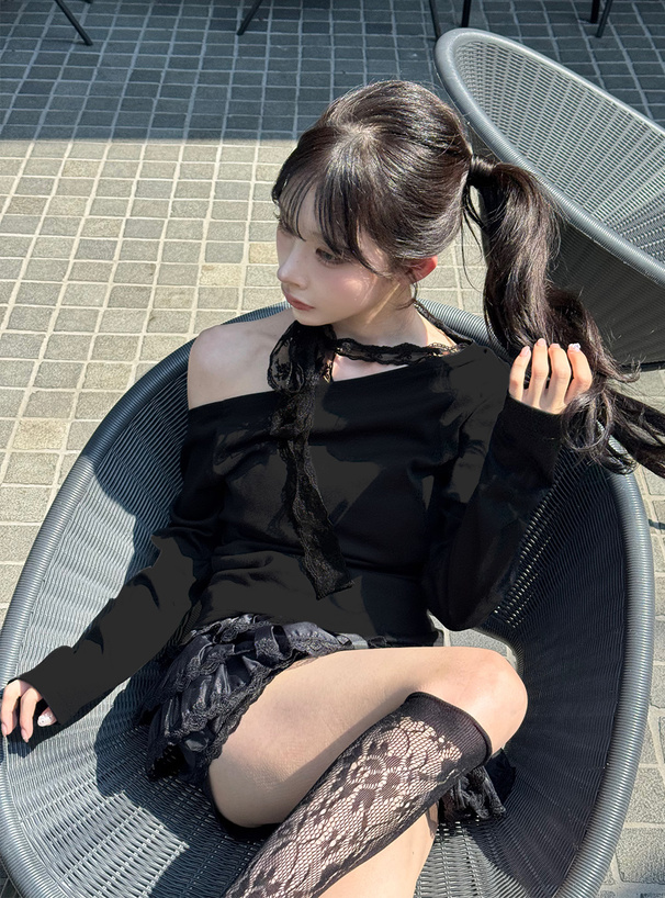 レースリボンギャザーワンショルダートップス