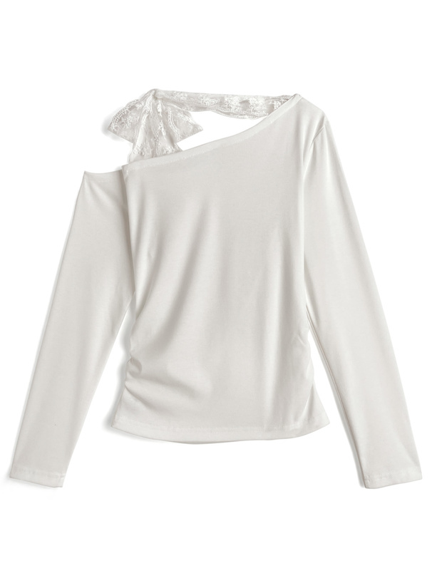 レースリボンギャザーワンショルダートップス