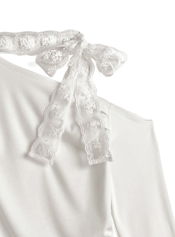 レースリボンギャザーワンショルダートップス