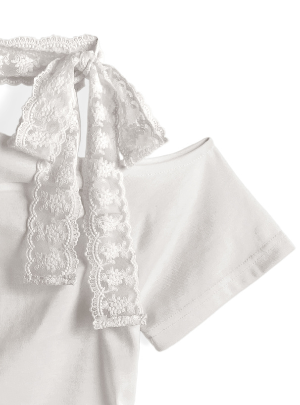 レースリボンギャザーワンショルダートップス