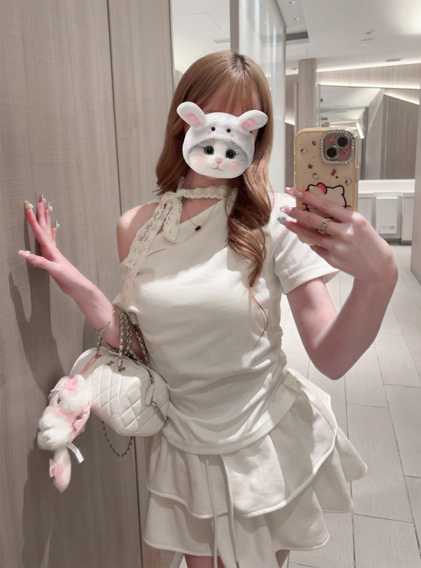 レースリボンギャザーワンショルダートップス