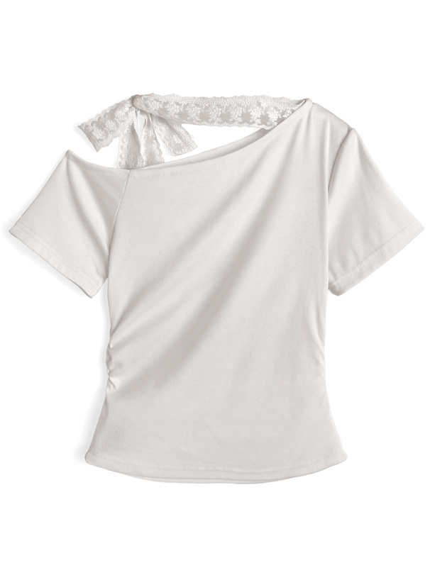 レースリボンギャザーワンショルダートップス