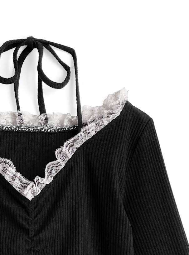 レーストリムプリーツトップス フロントギャザークロスネックレーストップス[jm066] | レディース