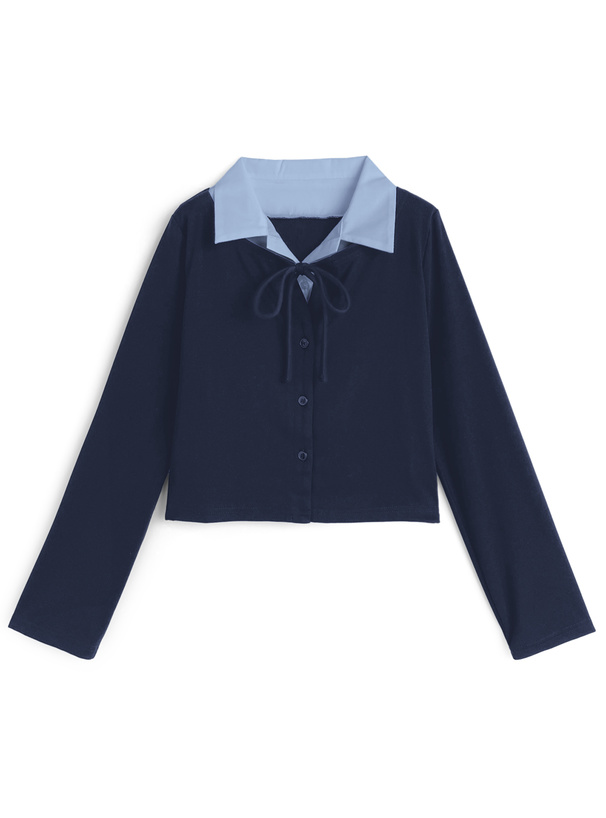 シャツレイヤード風フロントリボントップス