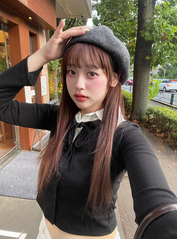 シャツレイヤード風フロントリボントップス