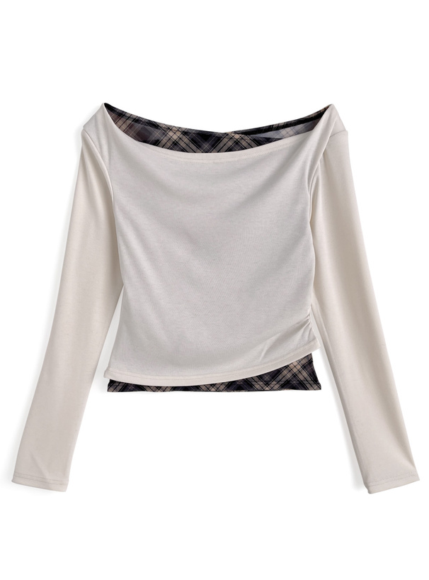 チェック柄レイヤード風アシンメトリートップス