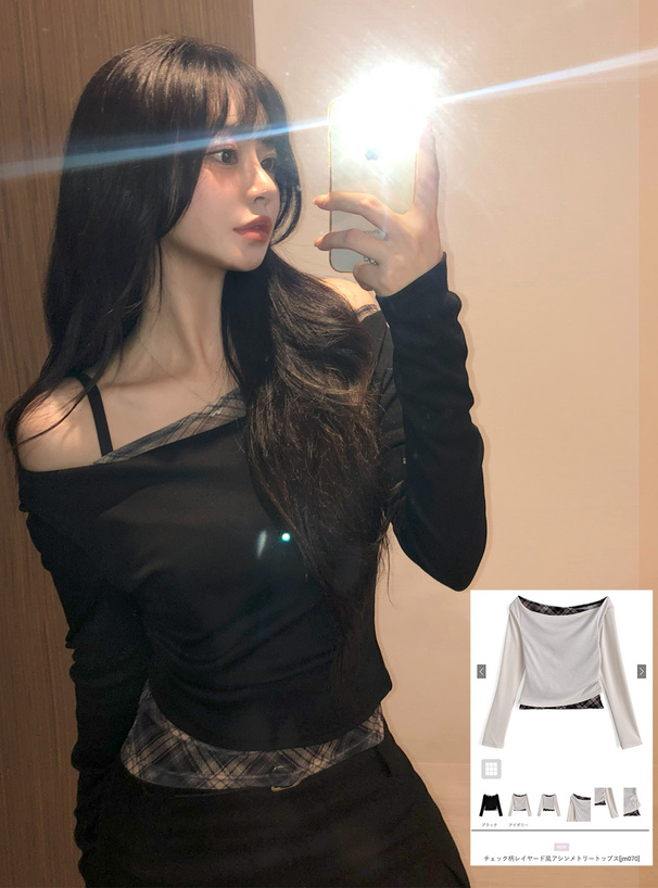 チェック柄レイヤード風アシンメトリートップス