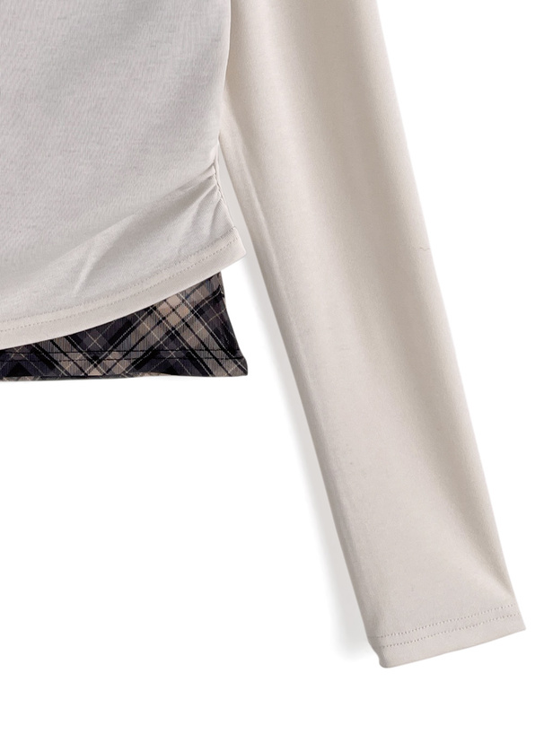 チェック柄レイヤード風アシンメトリートップス