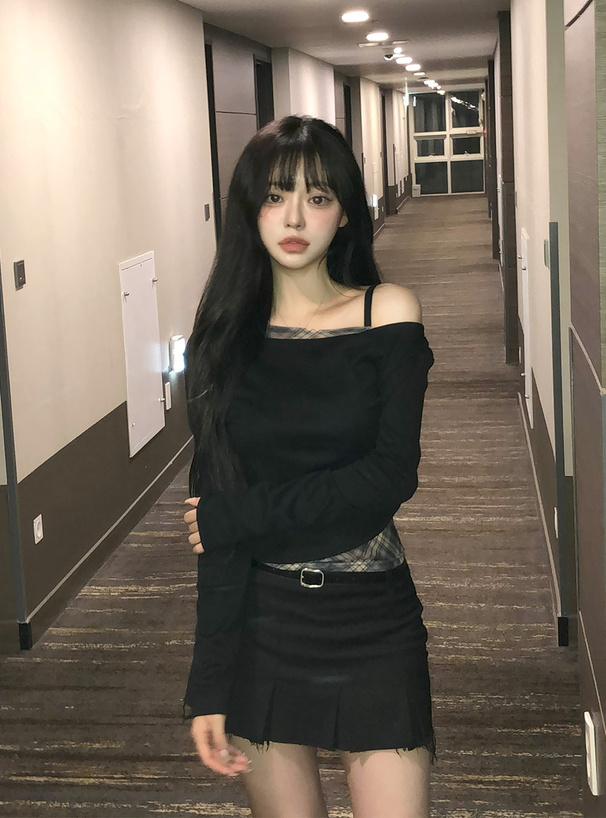 チェック柄レイヤード風アシンメトリートップス