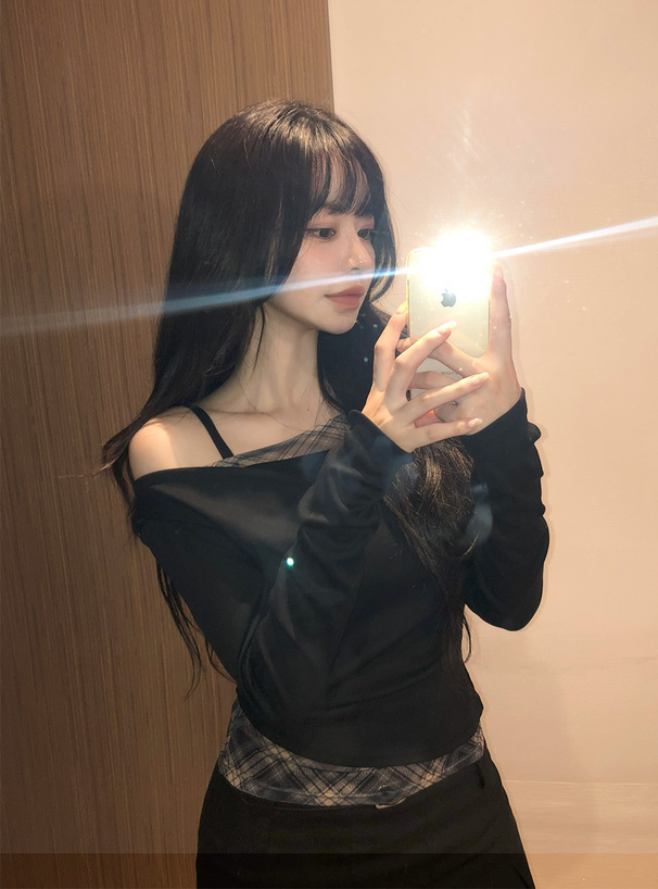 チェック柄レイヤード風アシンメトリートップス