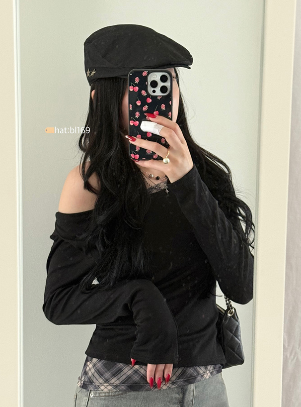 チェック柄レイヤード風アシンメトリートップス