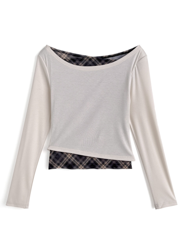 チェック柄レイヤード風アシンメトリートップス