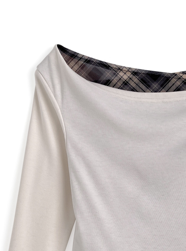 チェック柄レイヤード風アシンメトリートップス