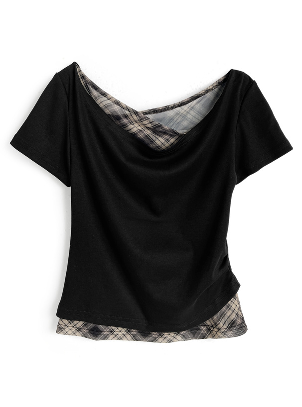 チェック柄レイヤード風アシンメトリートップス[jm070a]