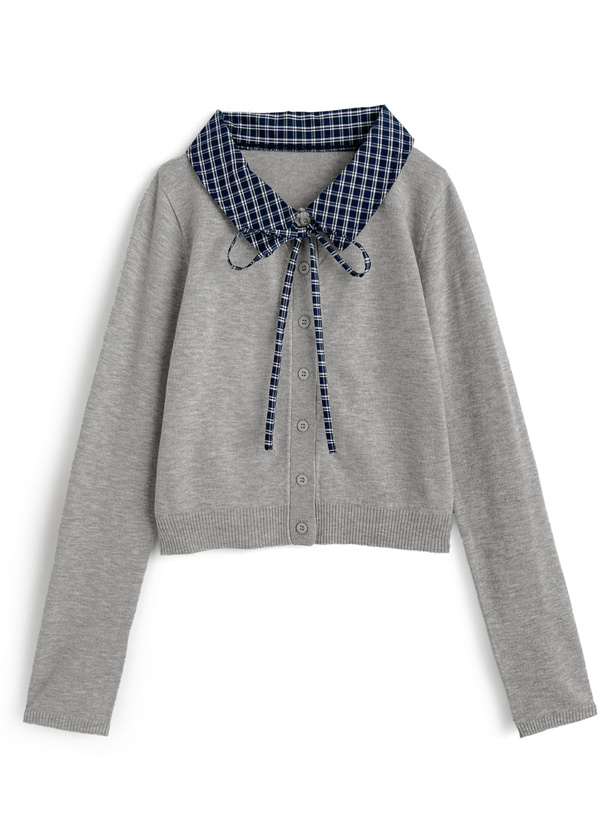 チェック柄襟付きニットカーディガン
