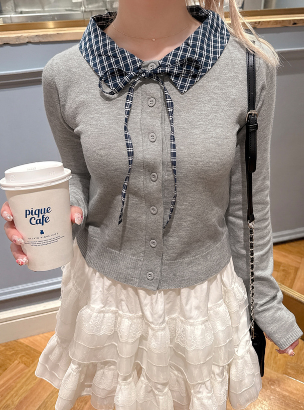 チェック柄襟付きニットカーディガン[jm073] | レディースファッション