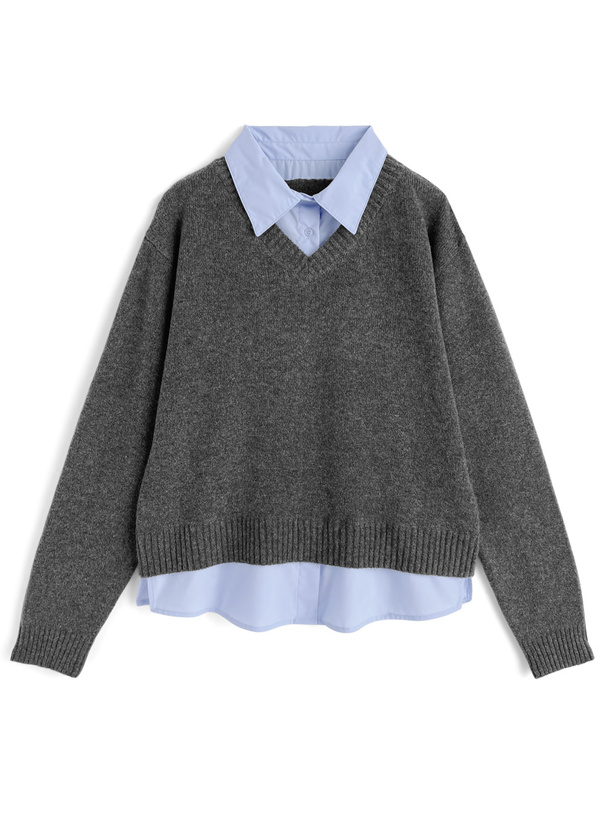 シャツレイヤード風Vネックニットトップス[jm074] | レディース