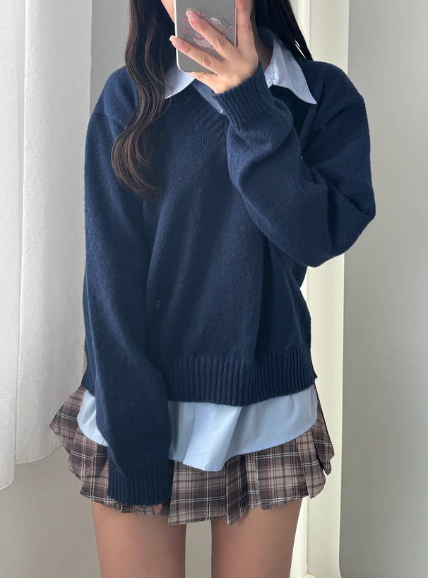 シャツレイヤード風Vネックニットトップス[jm074] | レディース