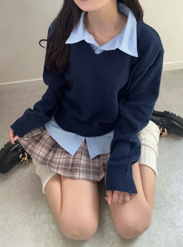シャツレイヤード風Vネックニットトップス