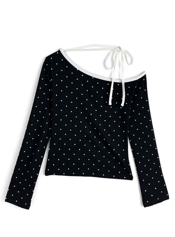 ドット柄配色リボンワンショルダートップス[jm076]