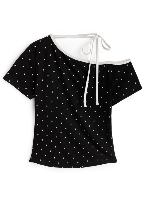 ドット柄配色ネックリボンワンショルダートップス