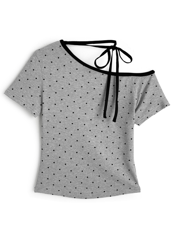 ドット柄配色ネックリボンワンショルダートップス