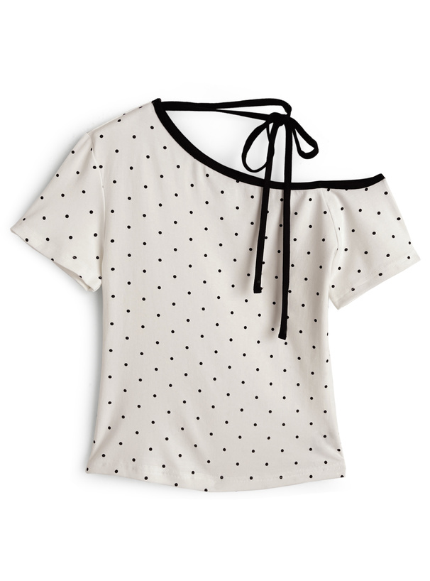 ドット柄配色ネックリボンワンショルダートップス