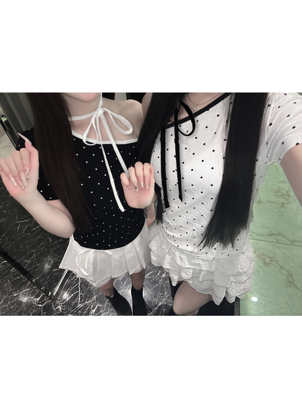 ドット柄配色ネックリボンワンショルダートップス