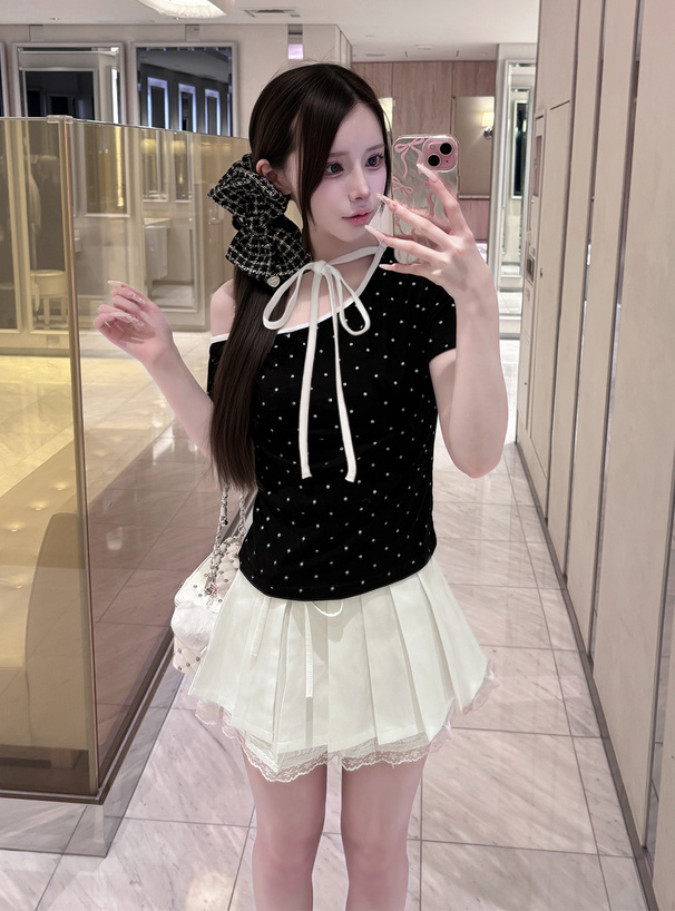 ドット柄配色ネックリボンワンショルダートップス