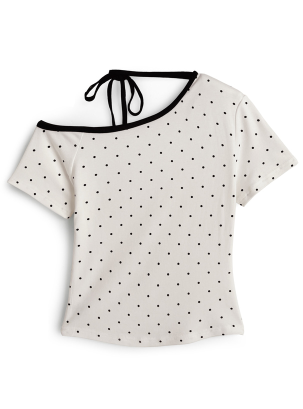 ドット柄配色ネックリボンワンショルダートップス